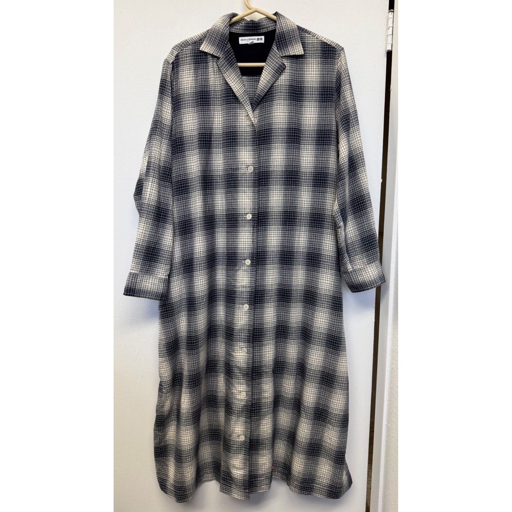 Uniqlo Ines De La Fressange Plaid Shirt Dress Navy White Cotton L Cottagecore